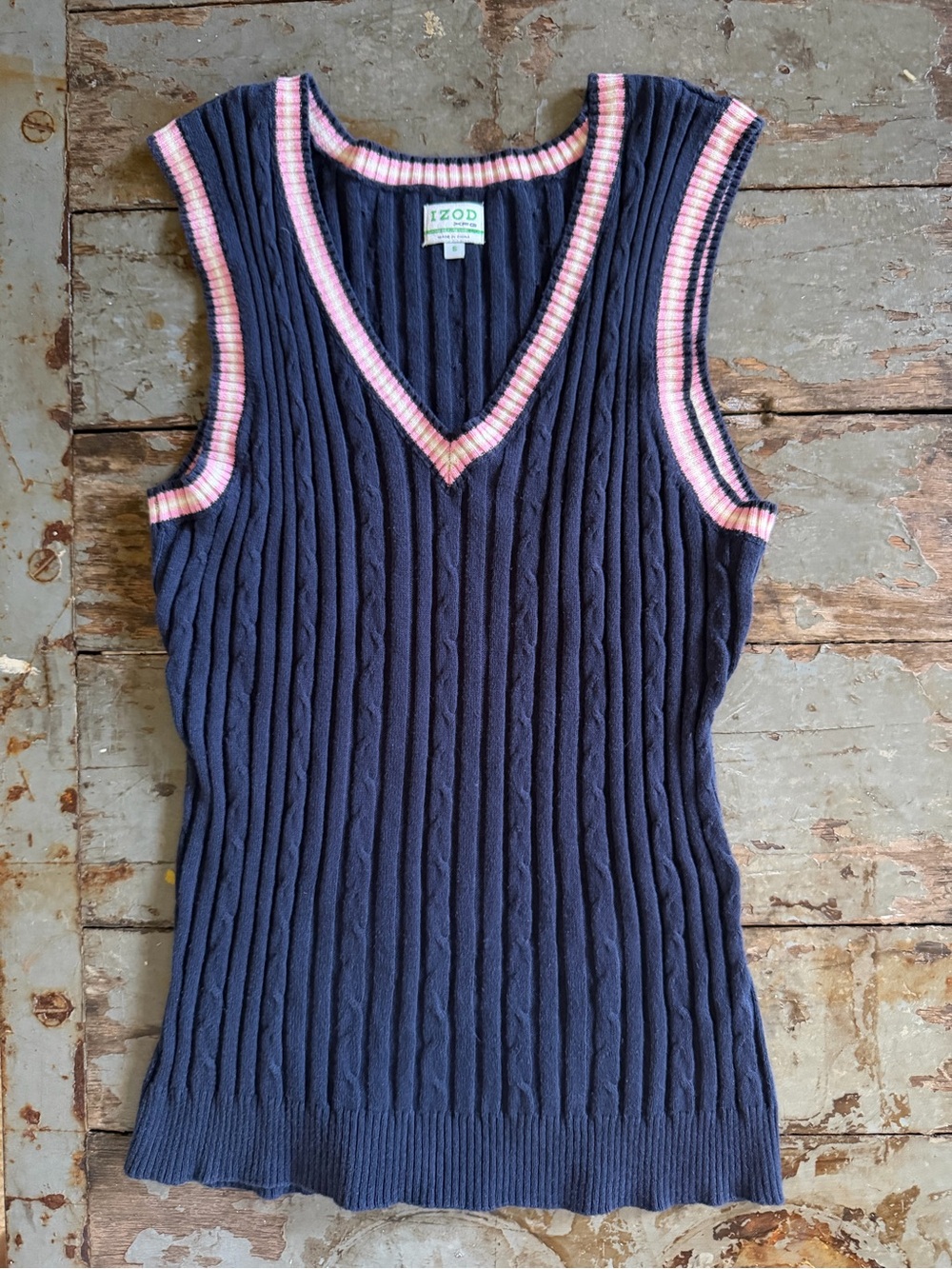 Izod XFG Golf Navy Ribbed Sleeveless Sweater Vest with Pink and White Trim